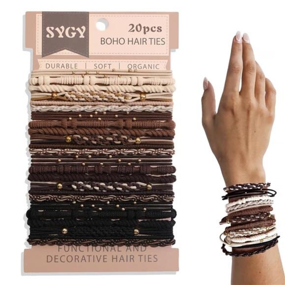 Boho hair ties set neutral elastic ponytail holders no damage thick thin hair - Picture 1 of 8